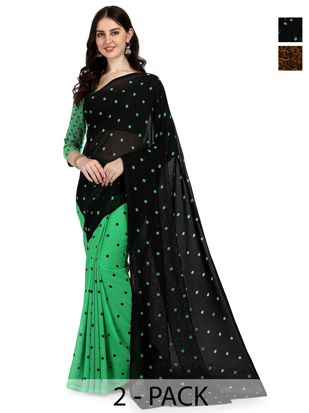 

ANAND SAREES Pack of 2 Polka Dot Saree, Green