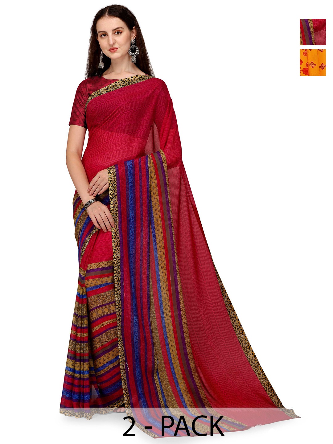 

ANAND SAREES Pack Of 2 Striped Saree With Blouse Piece, Red