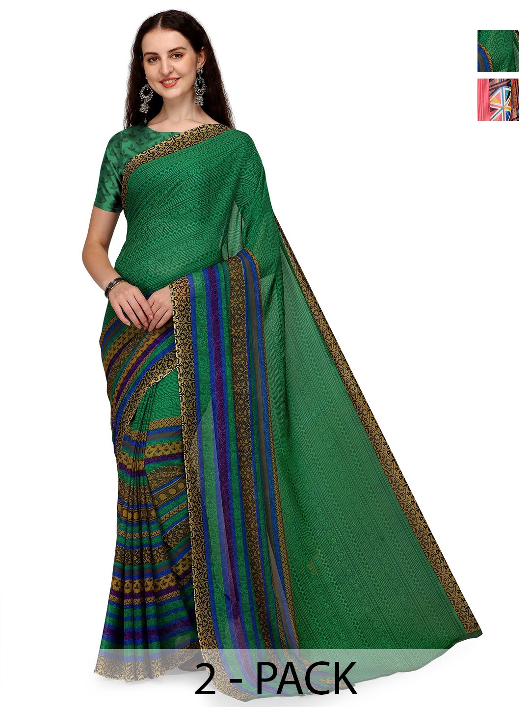 

ANAND SAREES Pack of 2 Ethnic Motifs Saree, Green