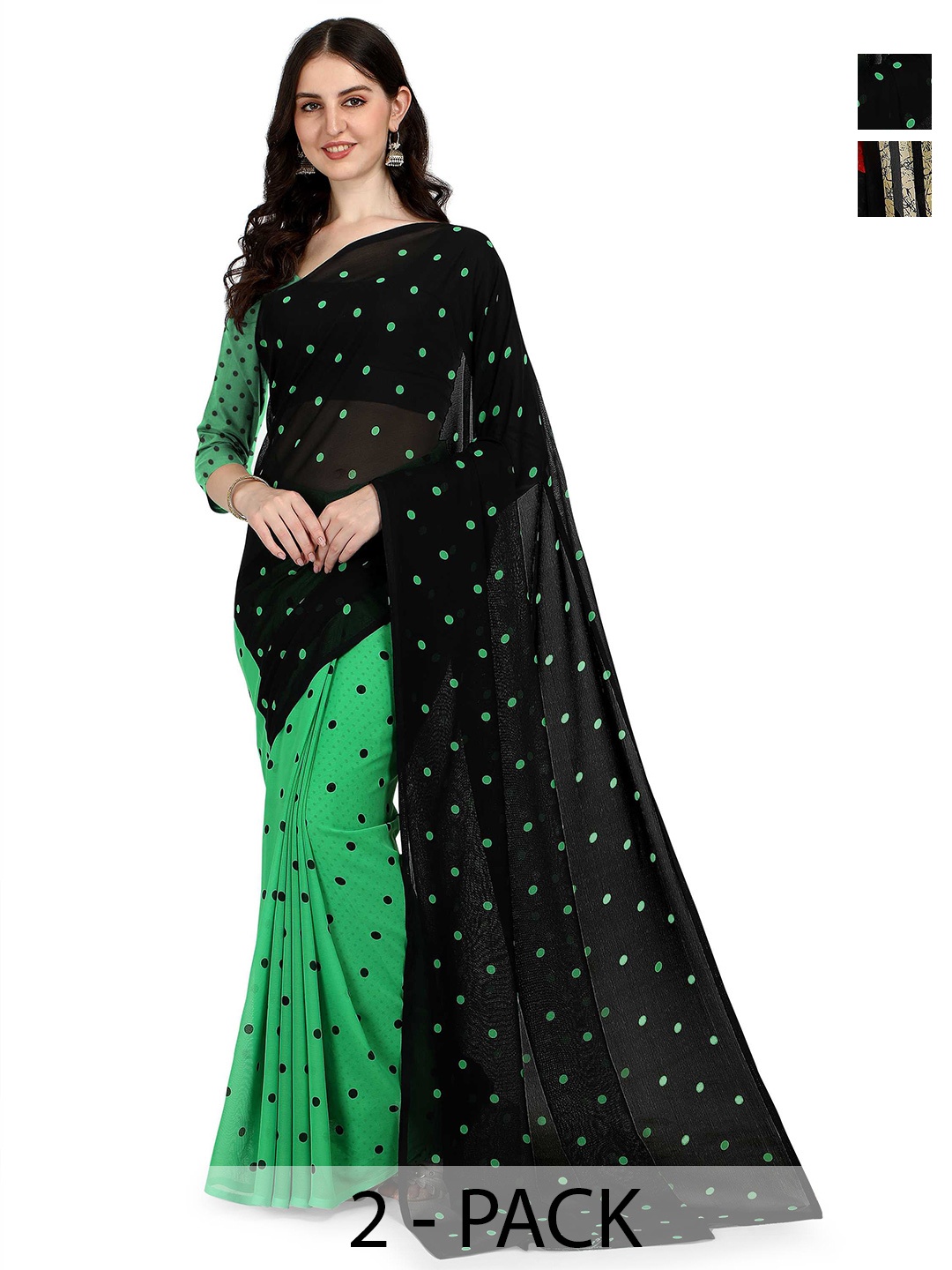 

ANAND SAREES Pack of 2 Polka Dot Saree, Green