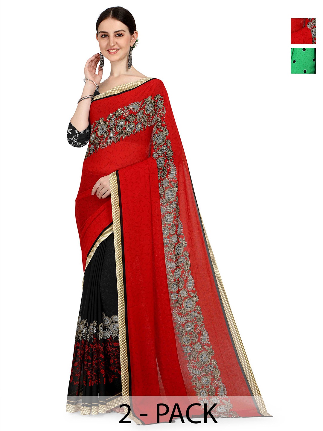 

ANAND SAREES Pack Of 2 Polka Dot Saree With Blouse Piece, Red