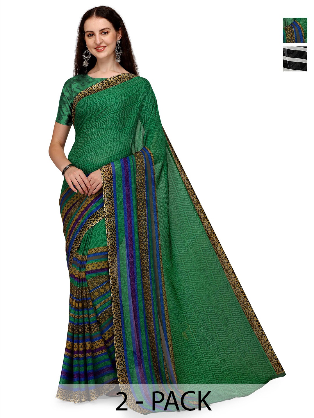 

ANAND SAREES Pack of 2 Striped Saree, Black