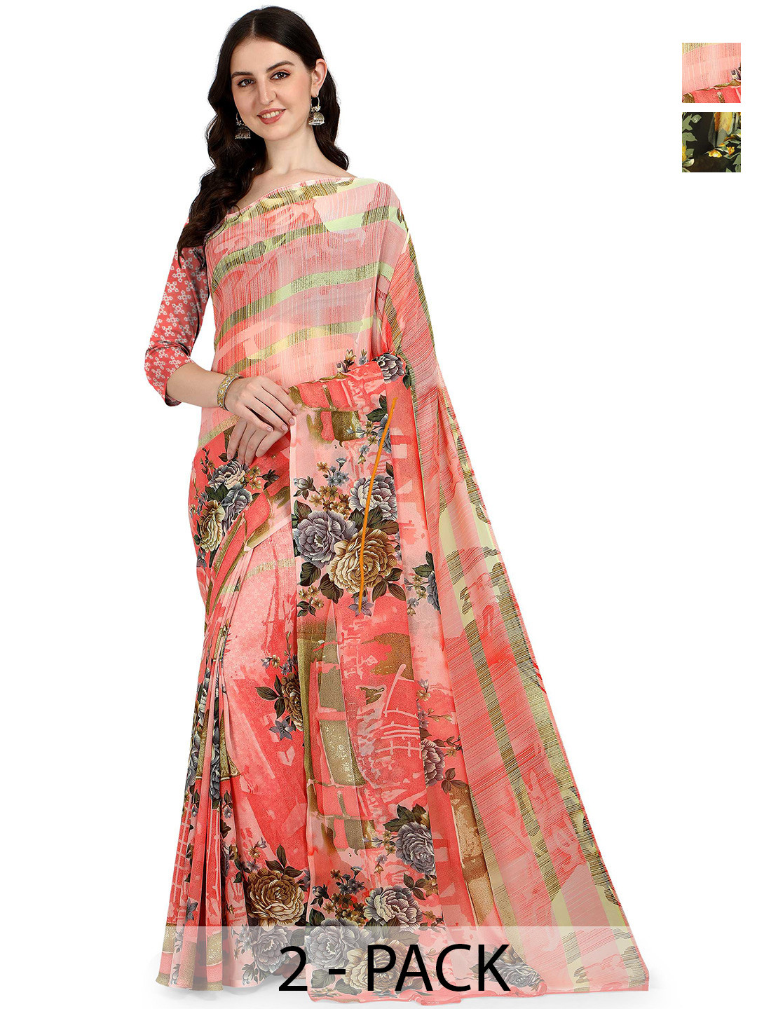 

ANAND SAREES Pack Of 2 Floral Saree With Blouse Piece, Yellow