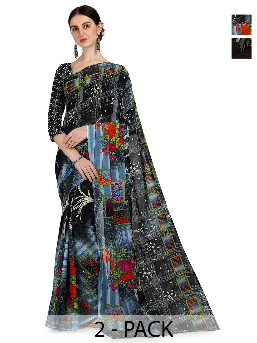

ANAND SAREES Pack Of 2 Floral Saree With Blouse Piece, Grey