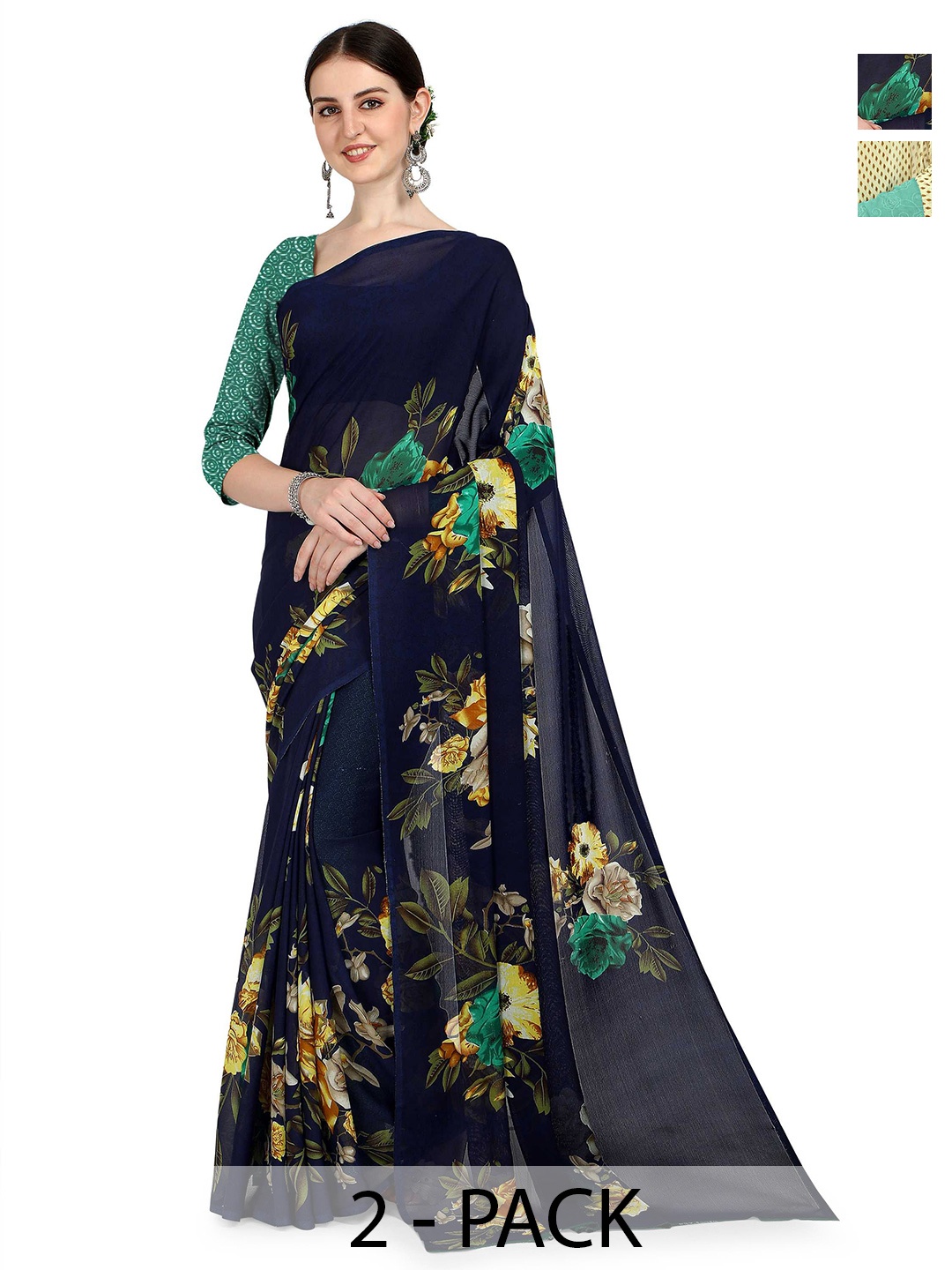 

ANAND SAREES Pack of 2 Floral Saree, Black