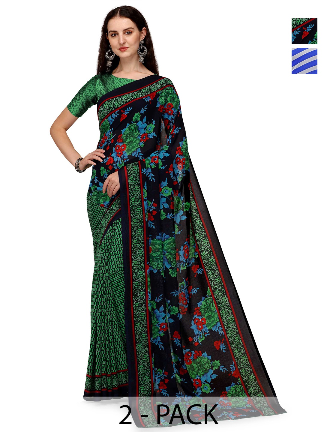 

ANAND SAREES Floral Saree Pack of 2, Green