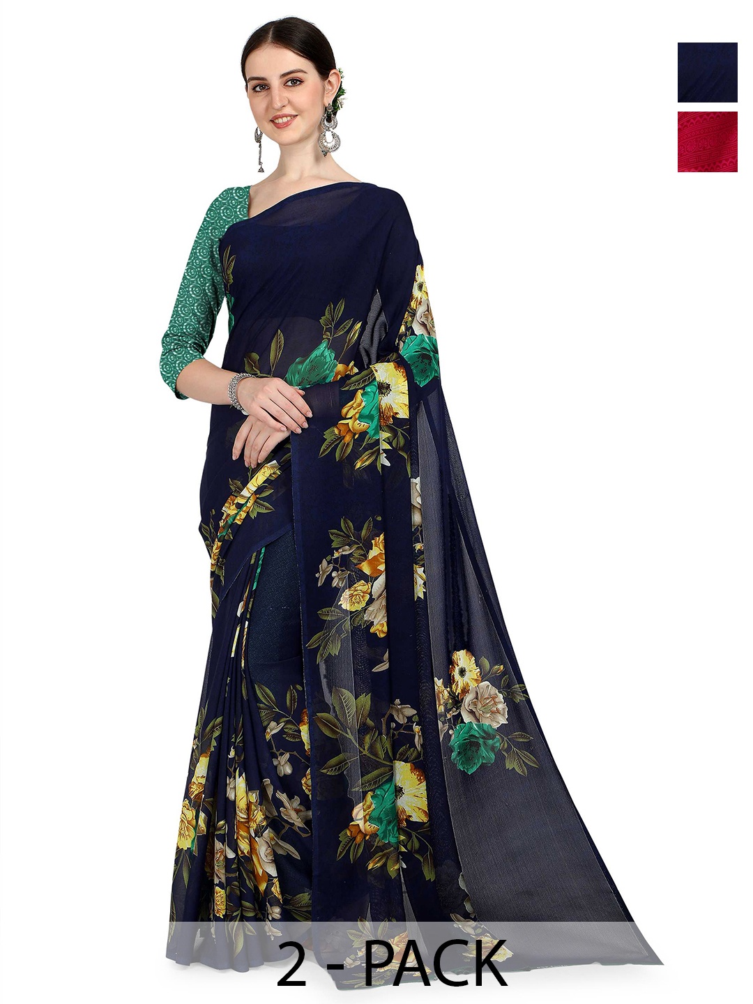 

ANAND SAREES Pack of 2 Floral Saree, Black