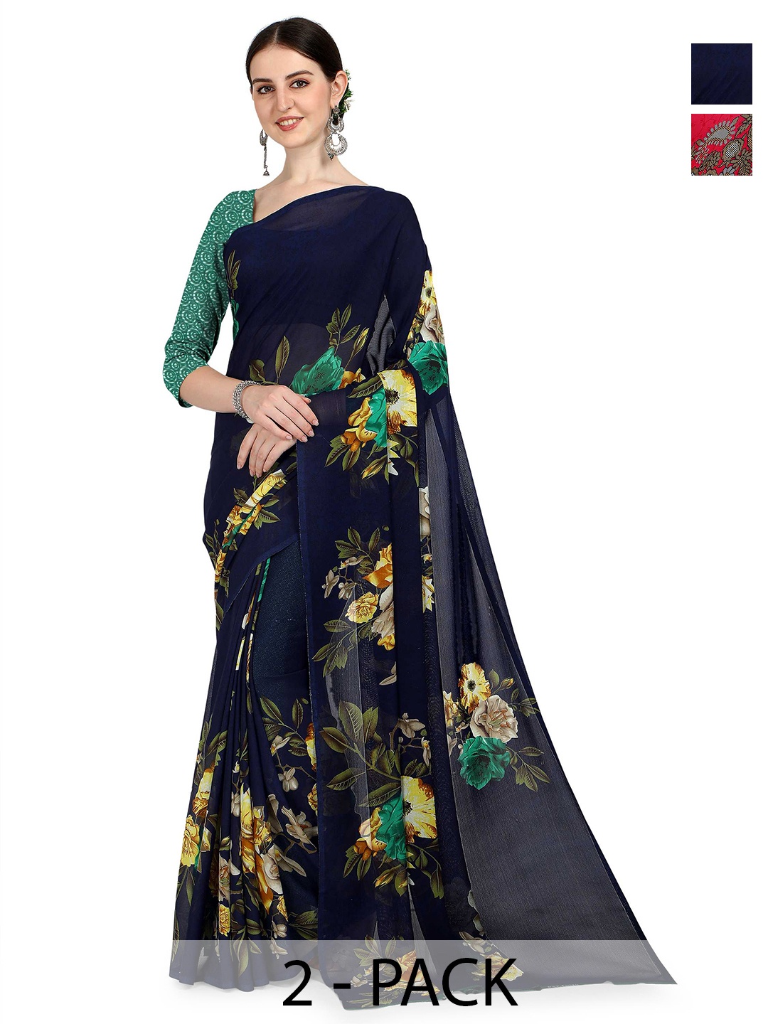 

ANAND SAREES Floral Printed Pack of 2 Saree, Navy blue