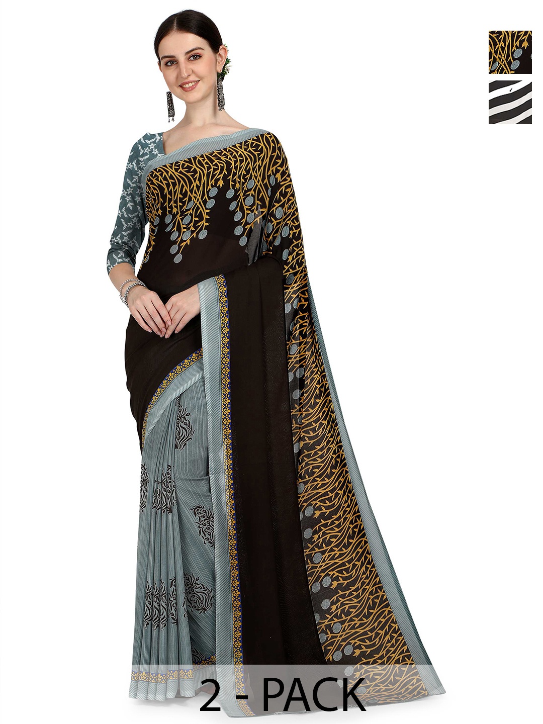 

ANAND SAREES Pack Of 2 Striped Saree, Black