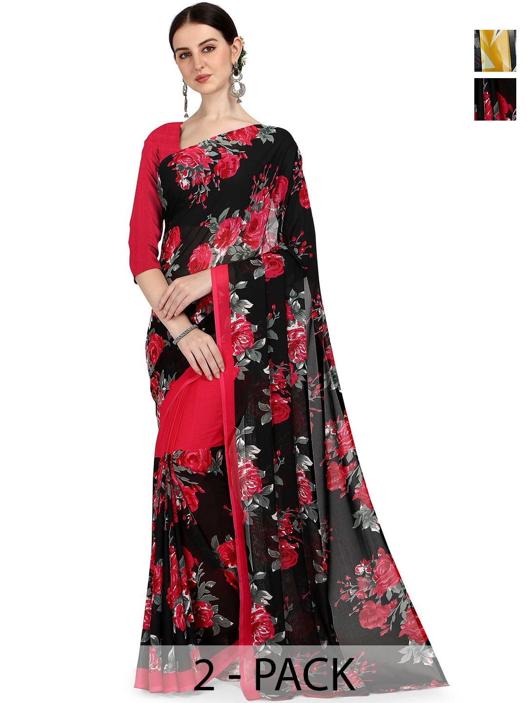 

ANAND SAREES Pack Of 2 Floral Saree With Blouse Piece, Black