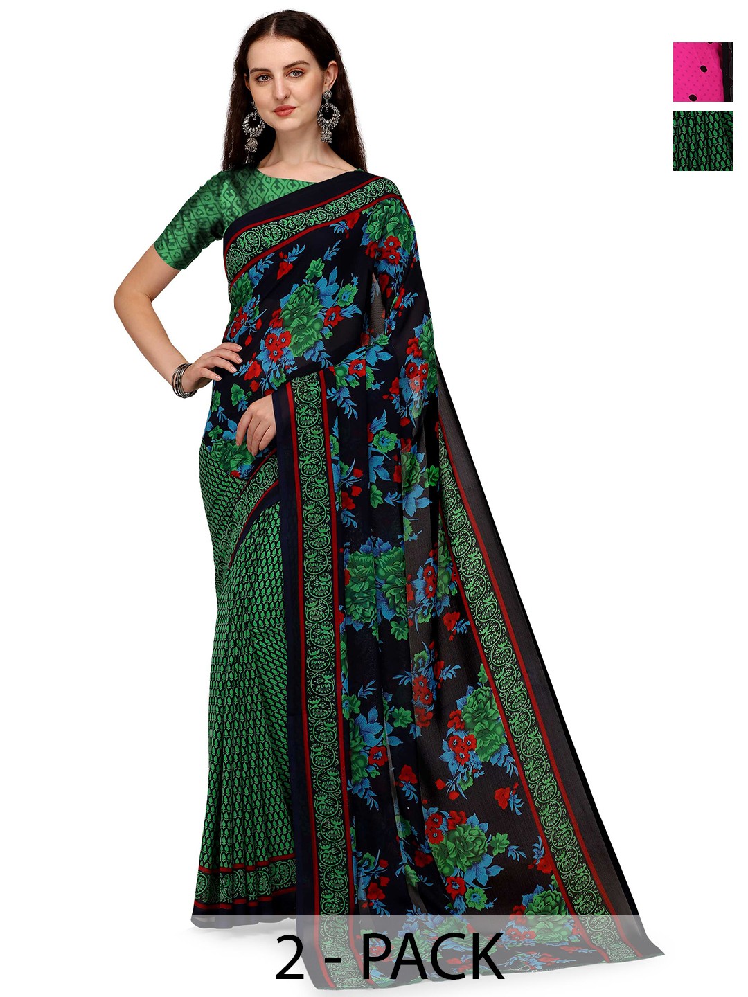 

ANAND SAREES Pack of 2 Polka Dot Saree, Black