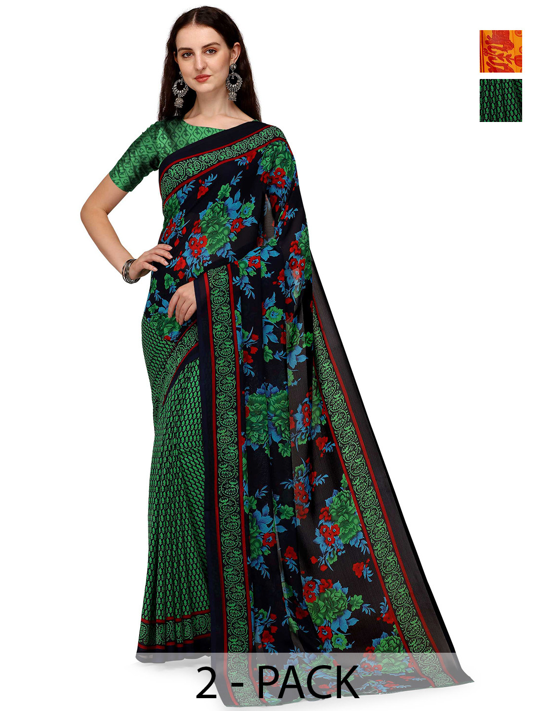 

ANAND SAREES Pack Of 2 Floral Saree With Blouse Piece, Green
