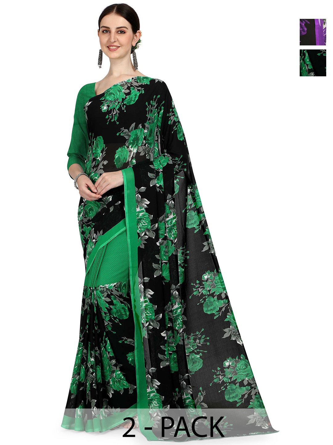 

ANAND SAREES Pack of 2 Floral Saree, Green