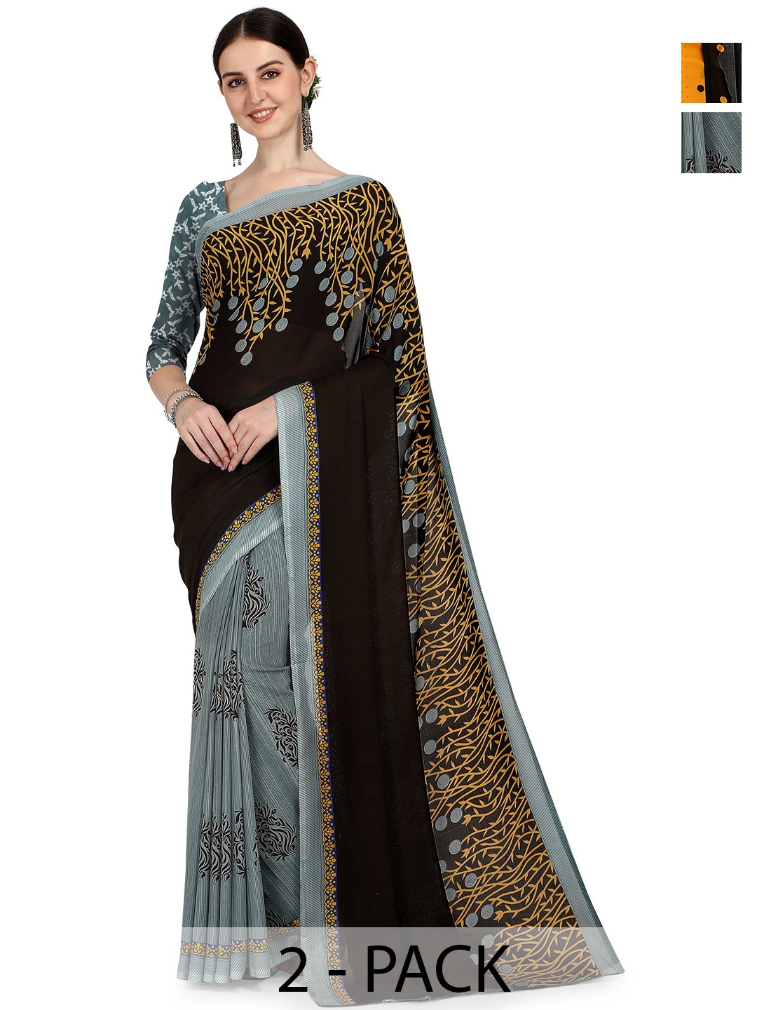 

ANAND SAREES Floral Printed Pack of 2 Saree, Black