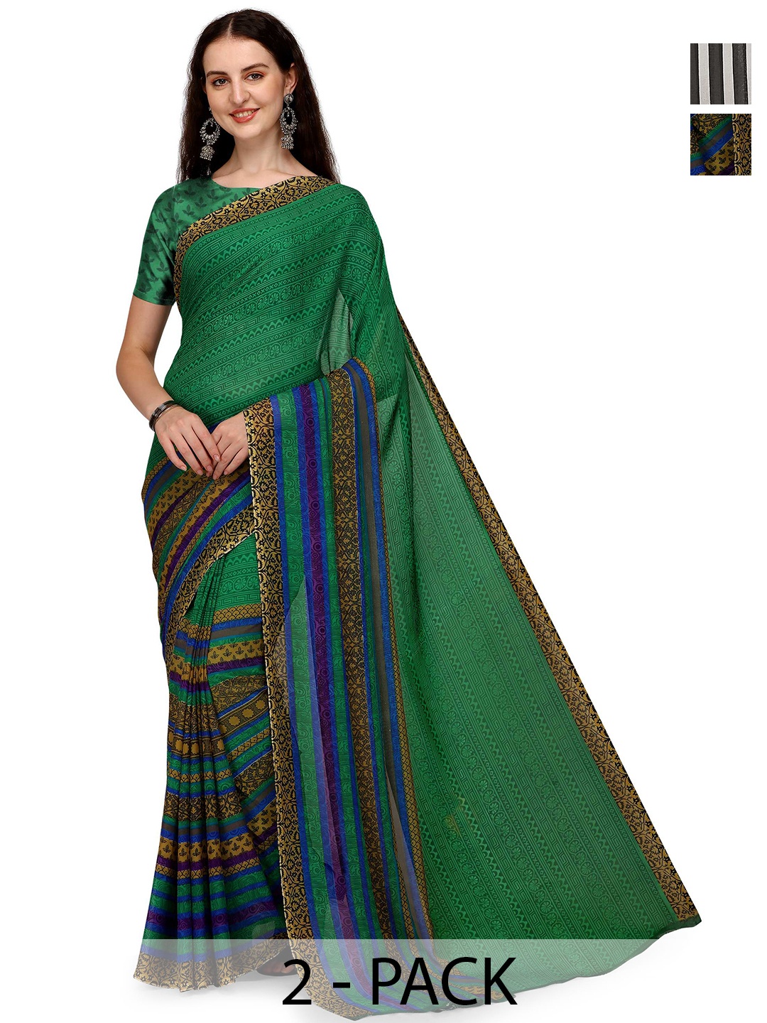

ANAND SAREES Pack Of 2 Striped Saree, Black