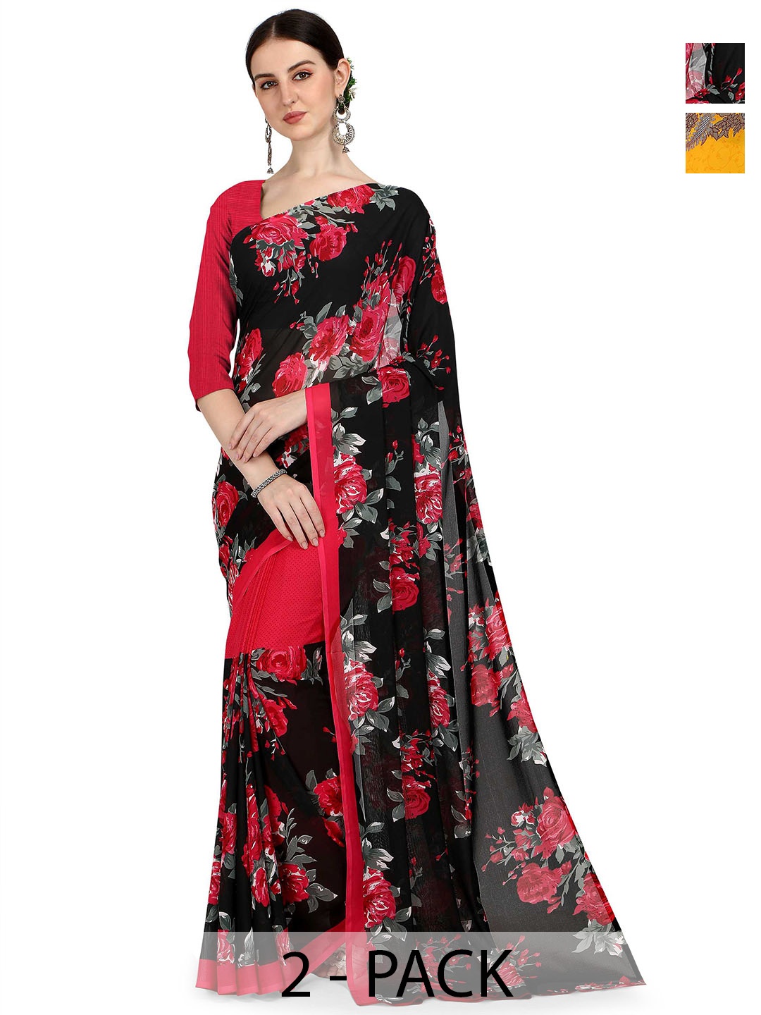 

ANAND SAREES Pack of-2 Floral Printed Saree, Black