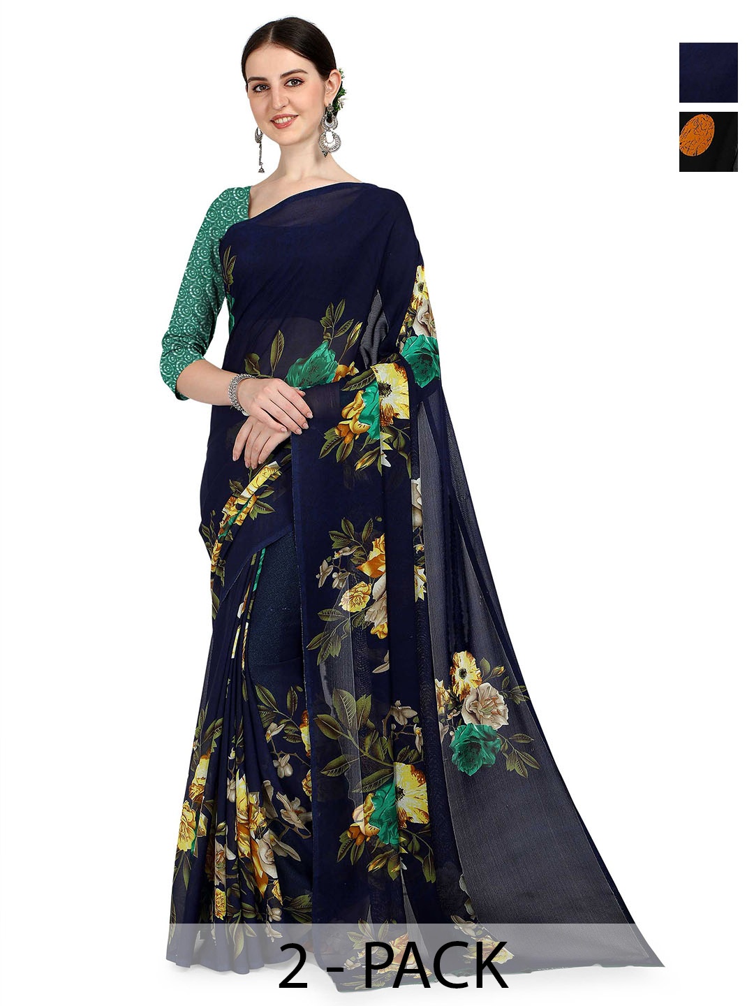 

ANAND SAREES Pack Of 2 Floral Saree With Blouse Piece, Black