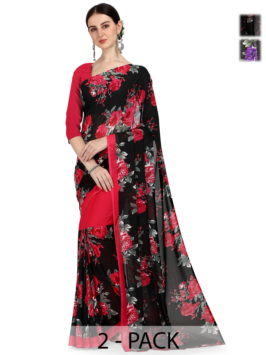 

ANAND SAREES Pack of 2 Floral Saree, Black