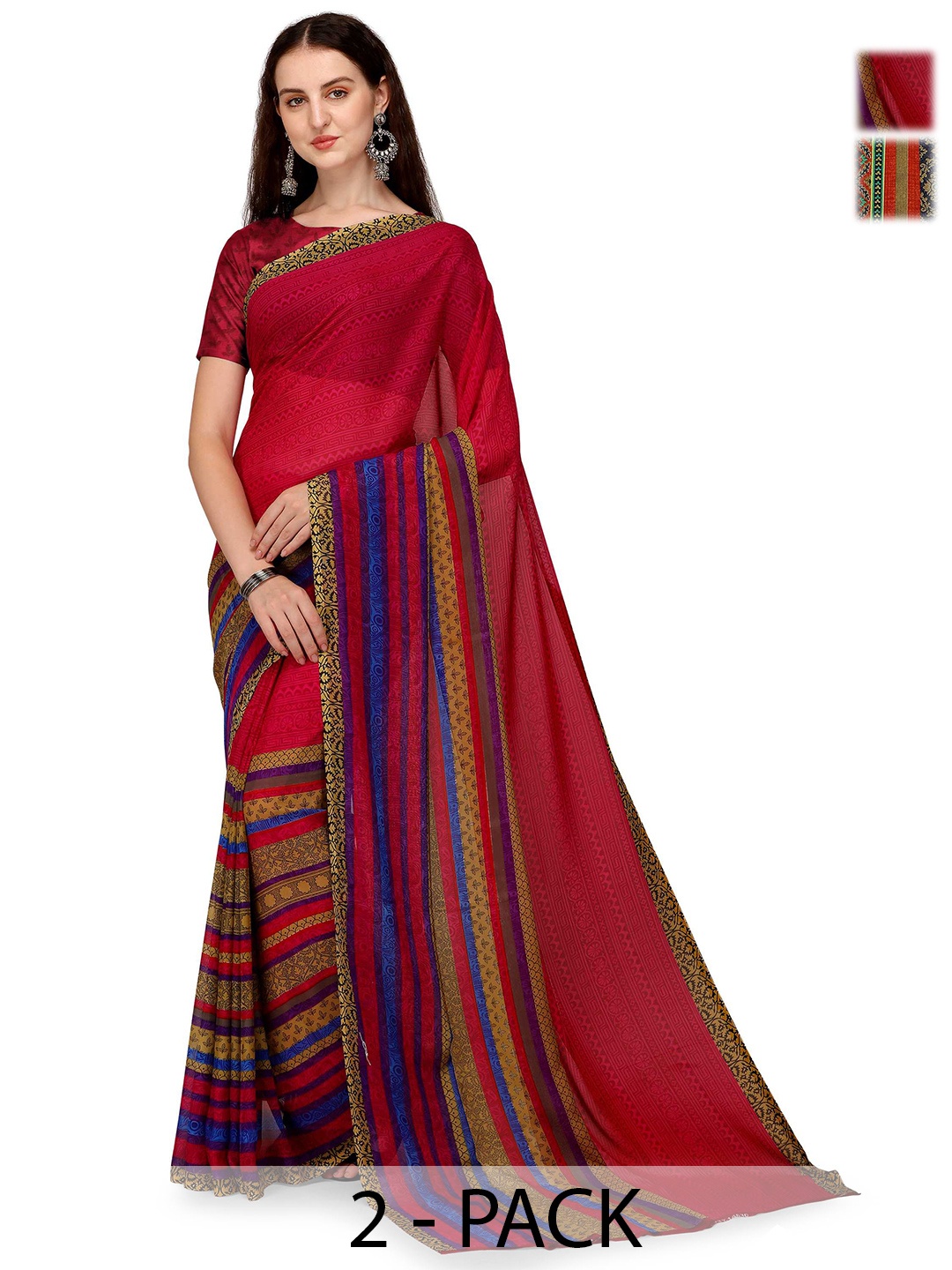 

ANAND SAREES Pack Of 2 Striped Saree With Blouse Piece, Red