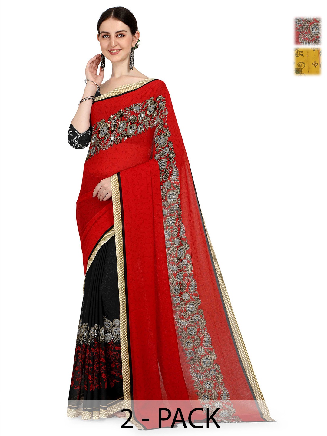 

ANAND SAREES Pack Of 2 Floral Saree With Blouse Piece, Red