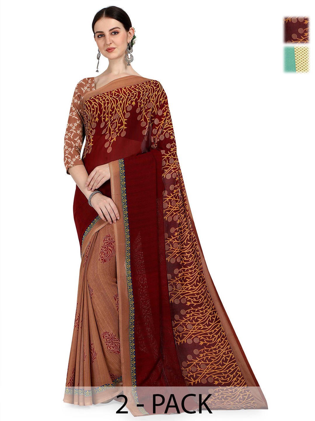 

ANAND SAREES Pack of 2 Floral Saree, Brown