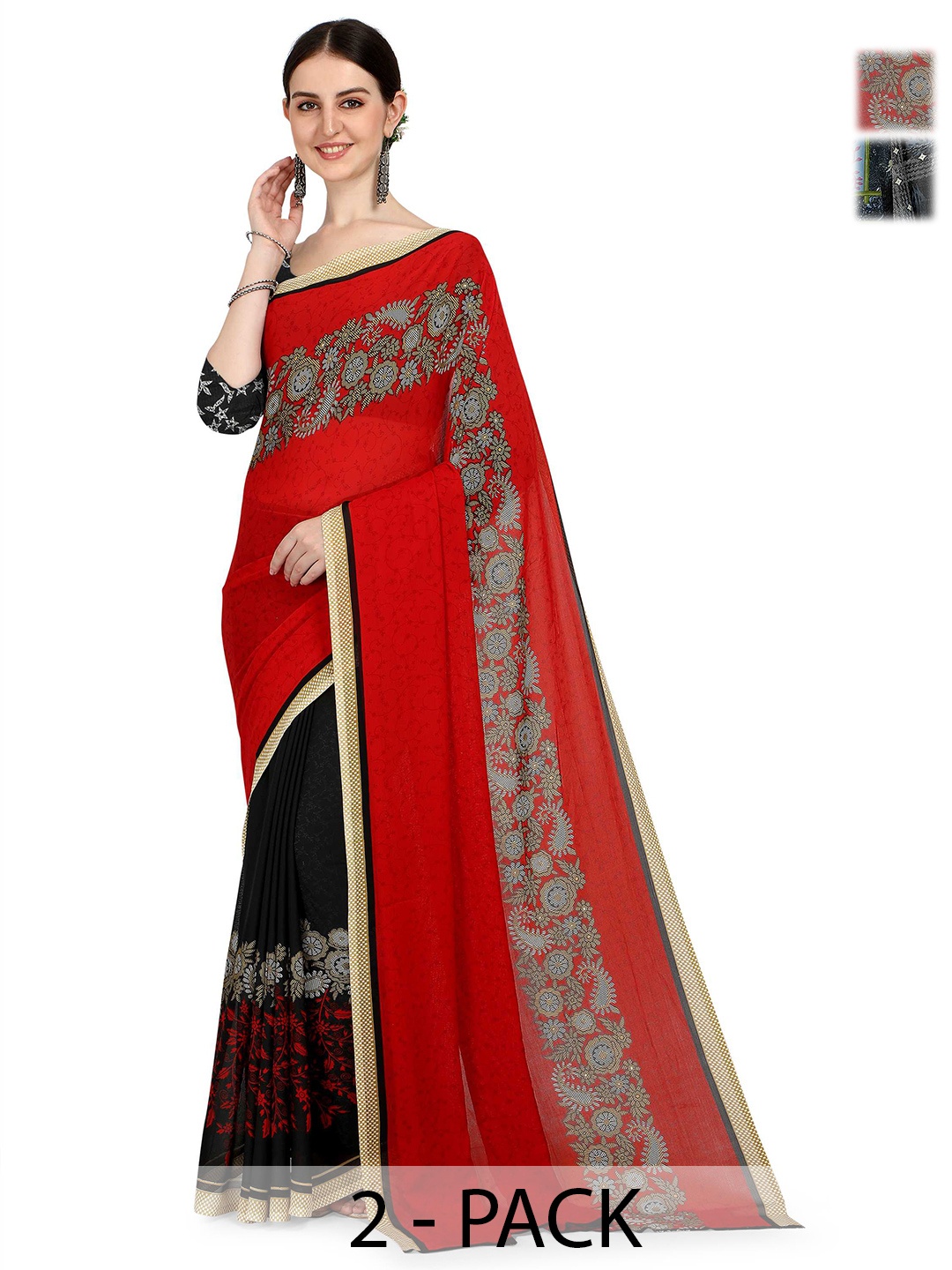 

ANAND SAREES Pack of-2 Floral Printed Saree, Red