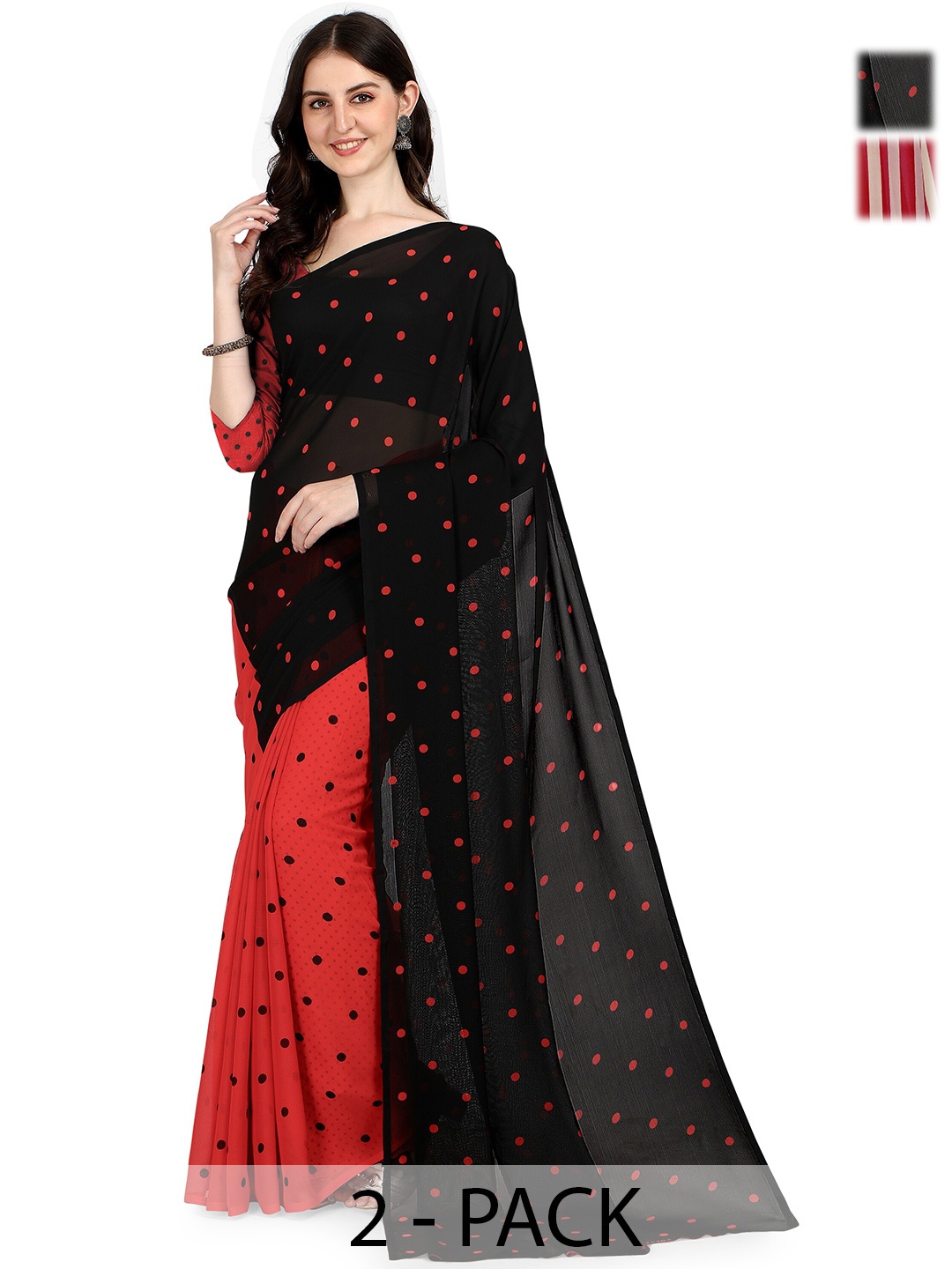 

ANAND SAREES Pack of 2 Polka Dot Saree, Black