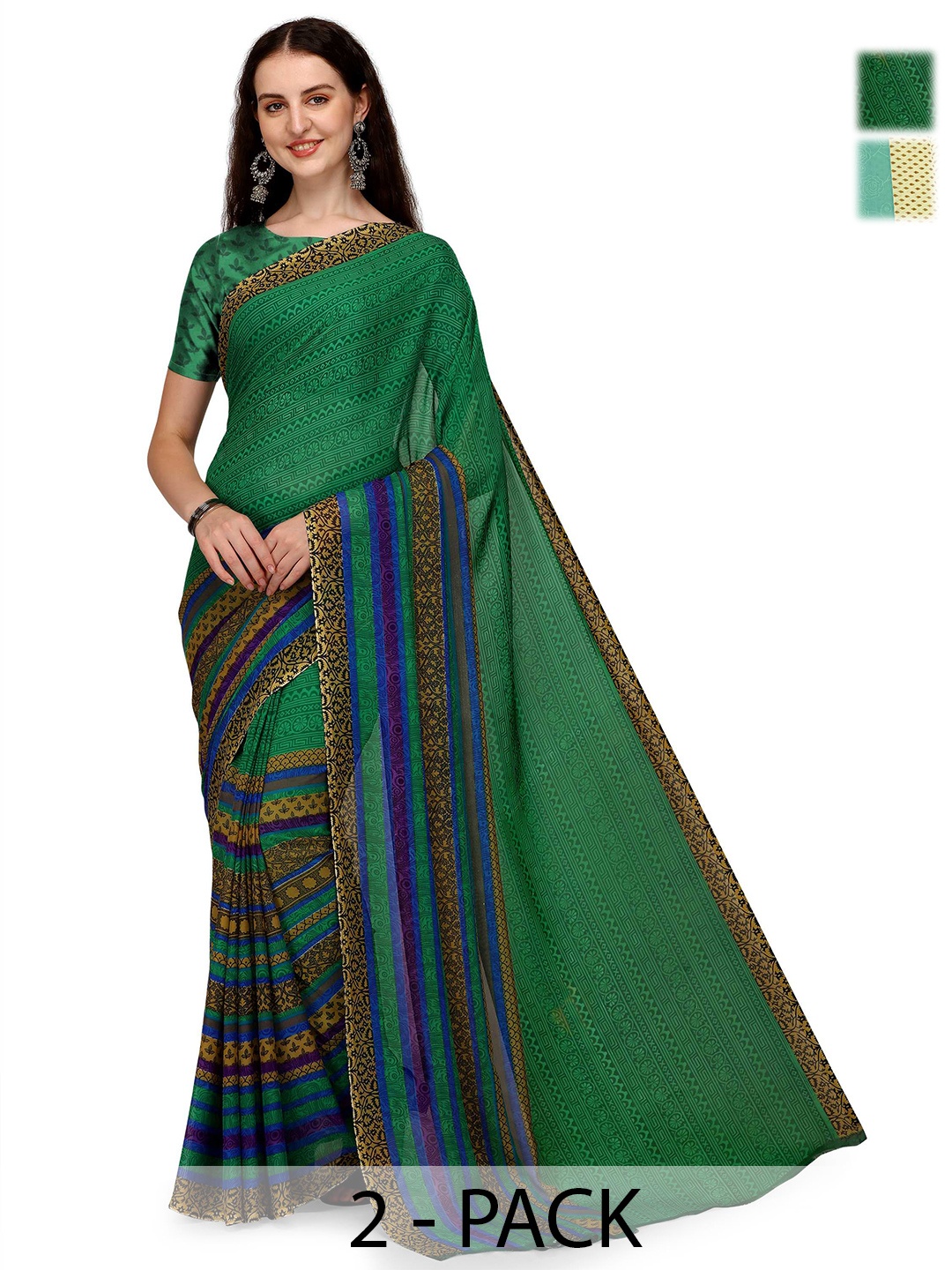 

ANAND SAREES Pack of-2 Ethnic Motifs Printed Saree, Green