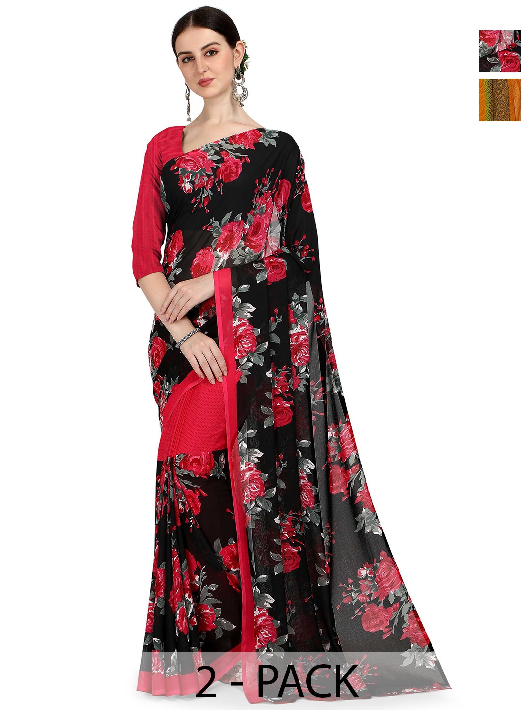 

ANAND SAREES Pack Of 2 Floral Saree With Blouse Piece, Black