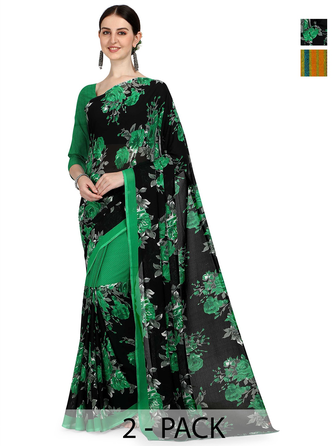 

ANAND SAREES Floral Saree Pack of 2, Green