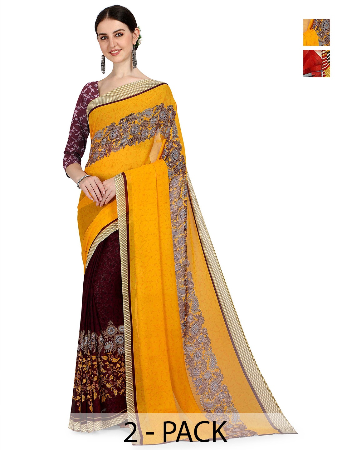 

ANAND SAREES Pack Of 2 Half and Half Saree With Blouse Piece, Yellow