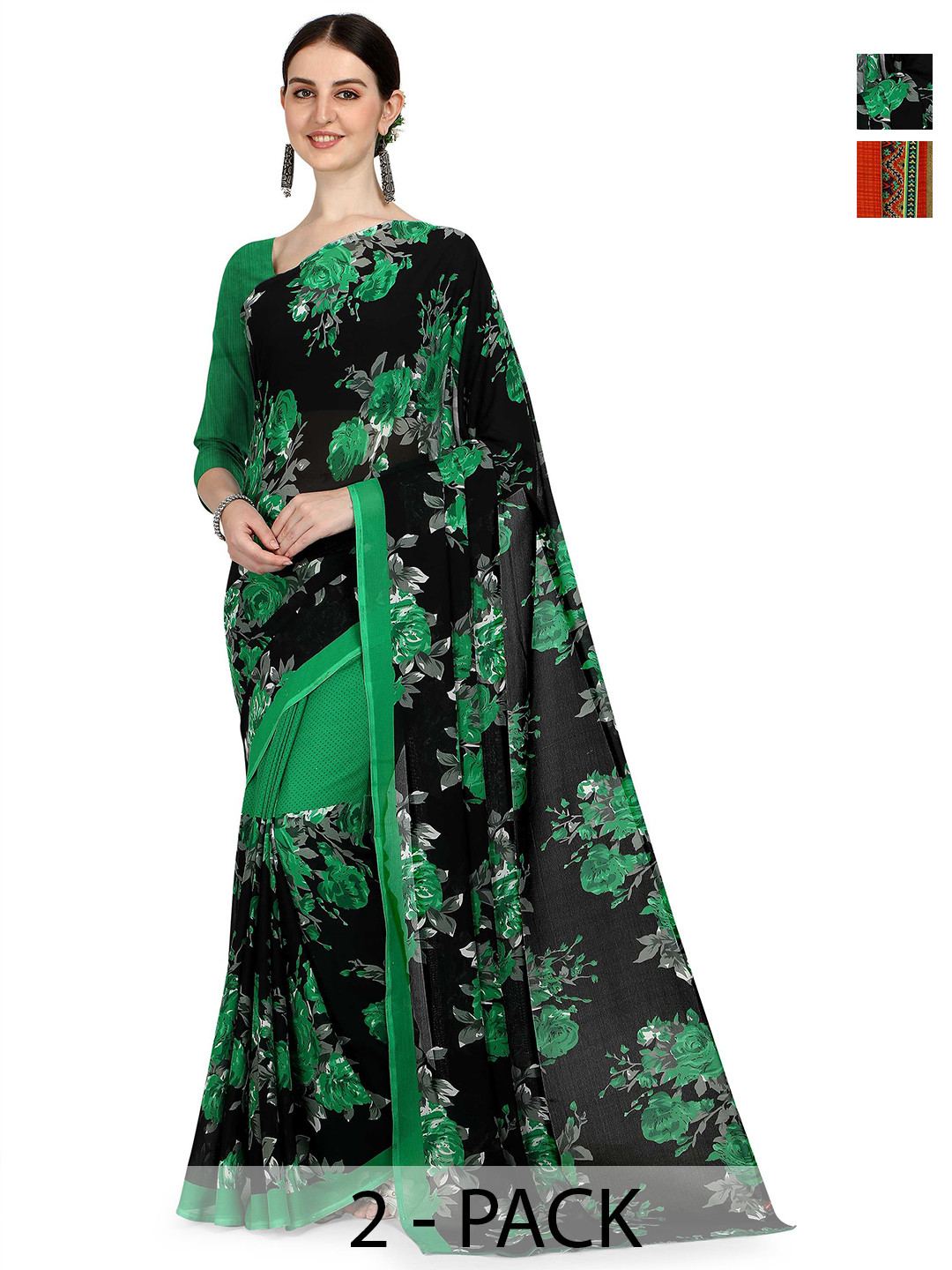 

ANAND SAREES Pack Of 2 Floral Saree With Blouse Piece, Black