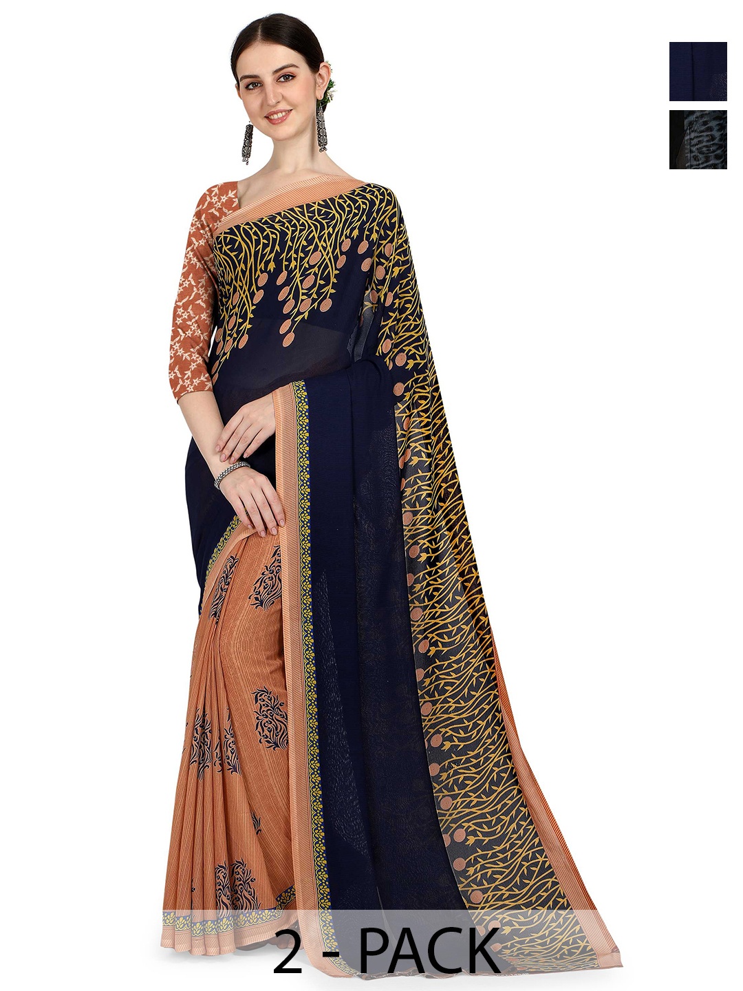 

ANAND SAREES Pack Of 2 Floral Half and Half Saree With Blouse Piece, Navy blue