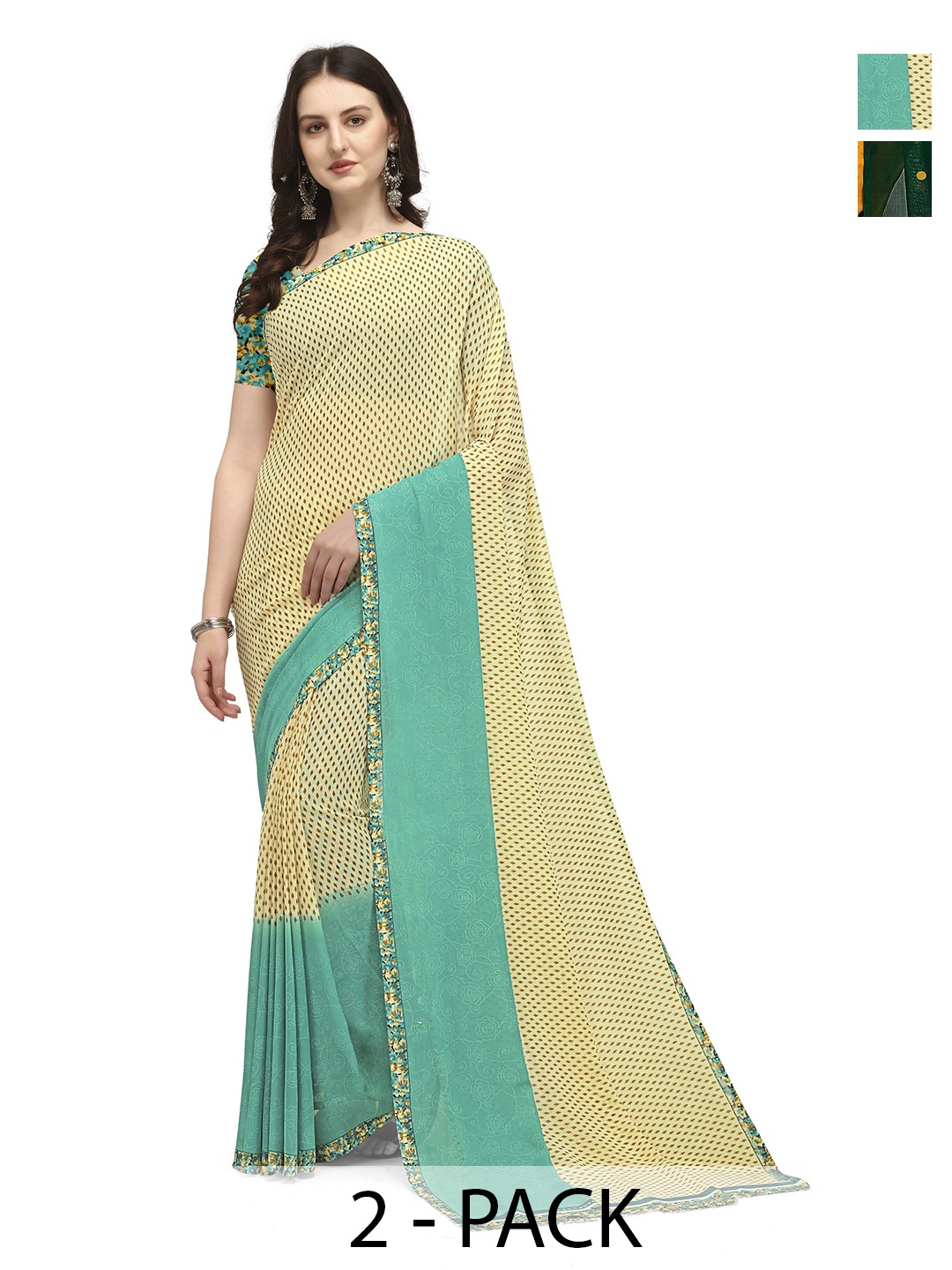 

ANAND SAREES Pack of 2 Polka Dot Saree, Green