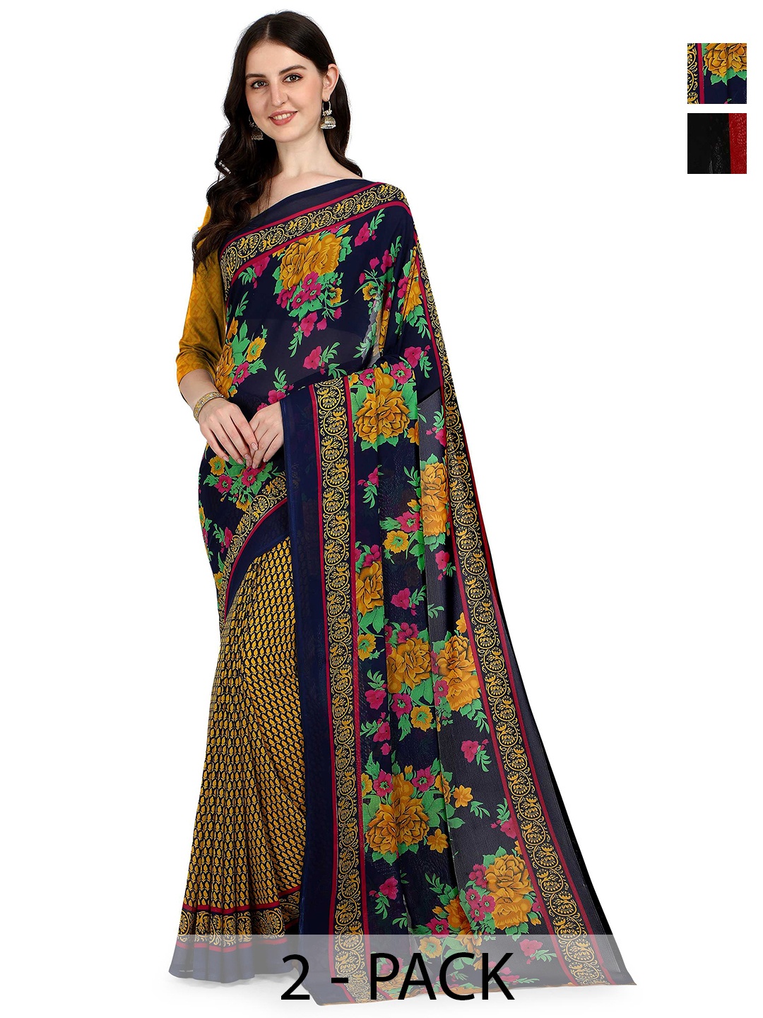

ANAND SAREES Pack Of 2 Floral Half and Half Saree, Black