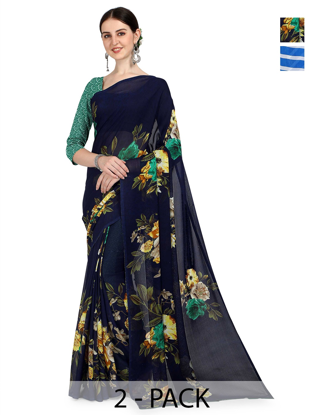 

ANAND SAREES Pack of-2 Floral Printed Saree, Blue