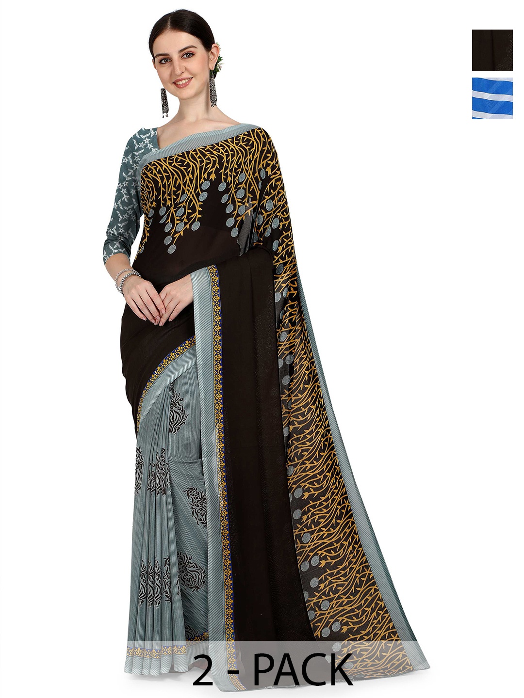 

ANAND SAREES Pack Of 2 Floral Half And Half Saree, Black