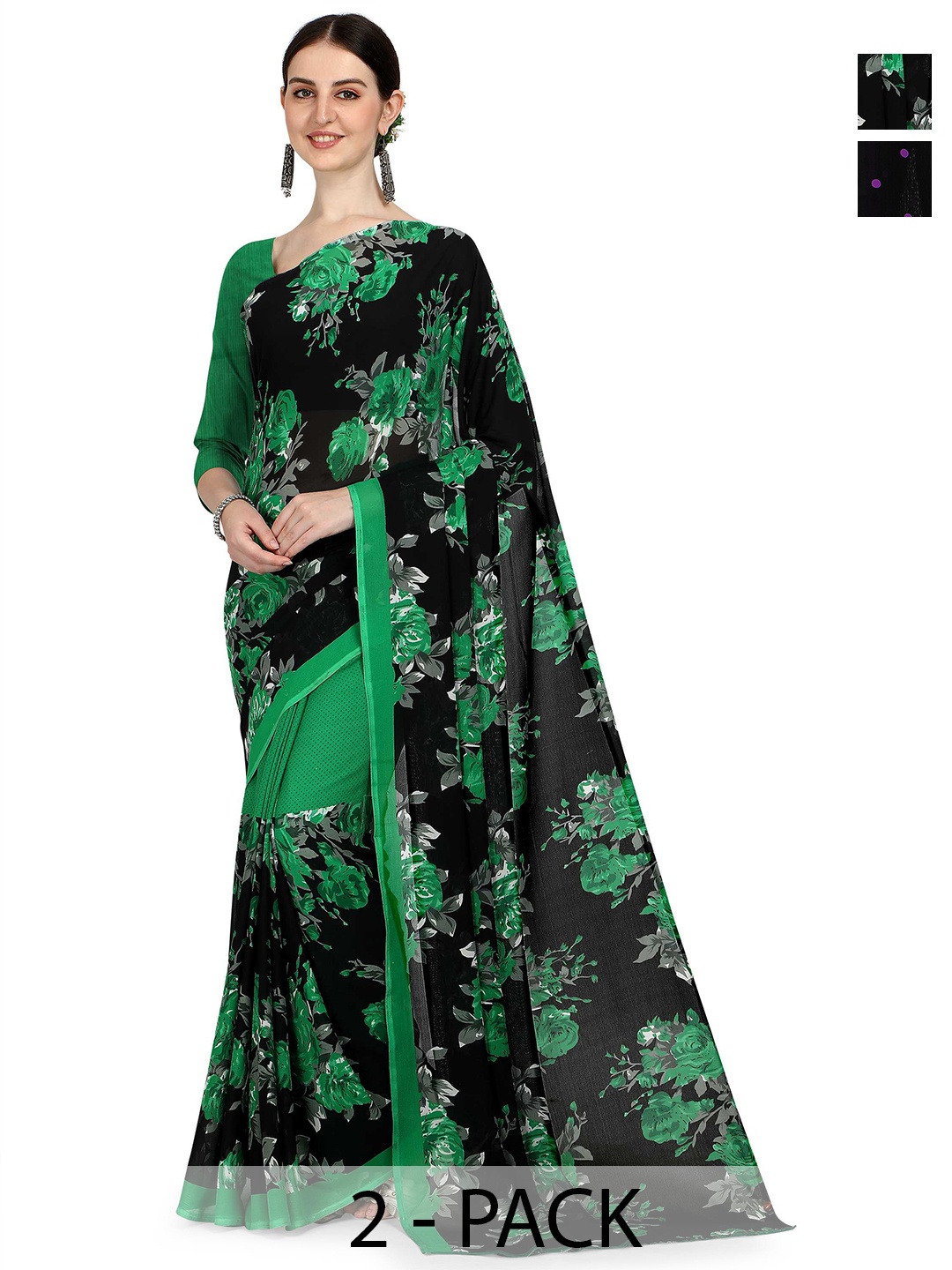 

ANAND SAREES Pack Of 2 Floral Half and Half Saree, Black