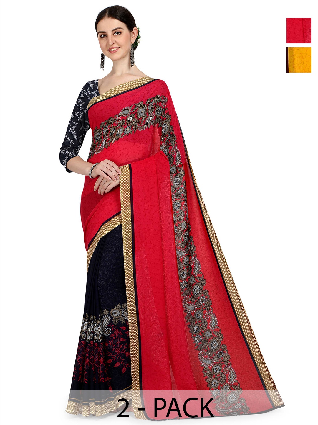 

ANAND SAREES Pack of 2 Floral Saree, Red