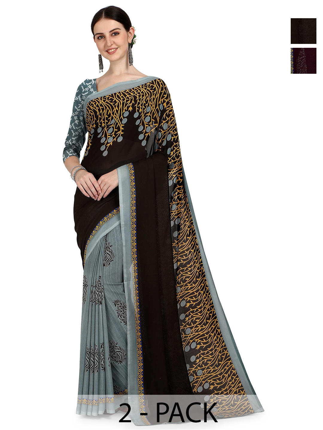 

ANAND SAREES Pack Of 2 Floral Half And Half Saree, Black