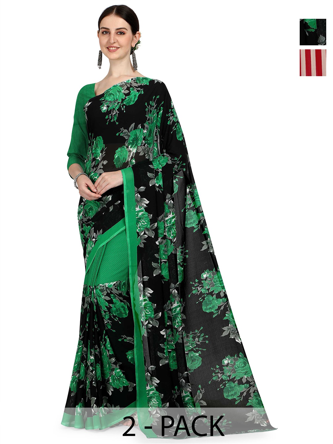 

ANAND SAREES Pack Of 2 Floral Saree, Green