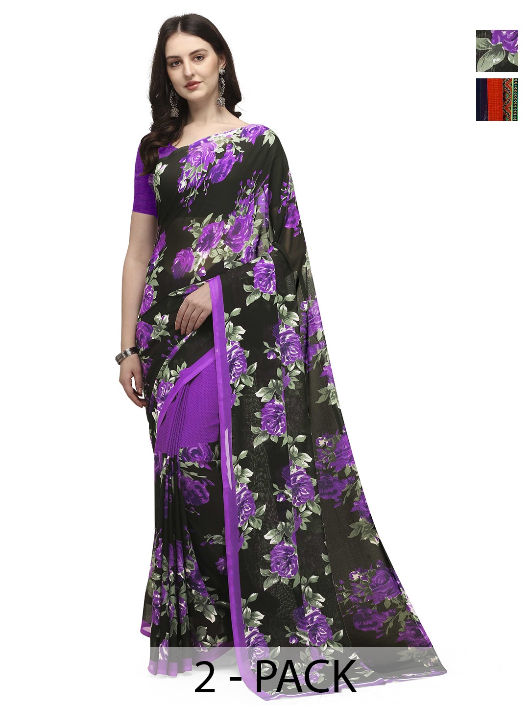 

ANAND SAREES Pack Of 2 Floral Saree, Black