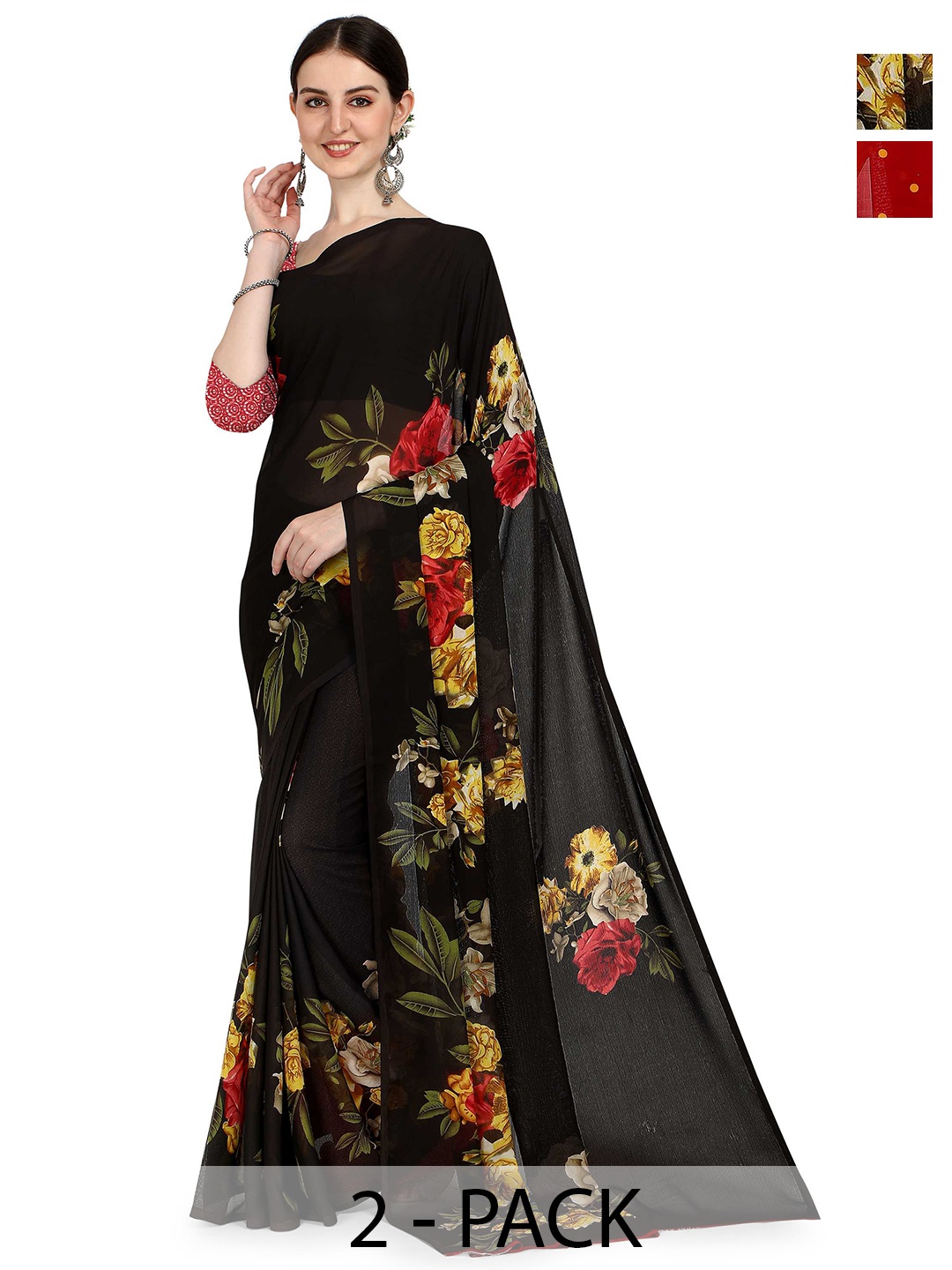 

ANAND SAREES Floral Poly Georgette Half and Half Saree, Black