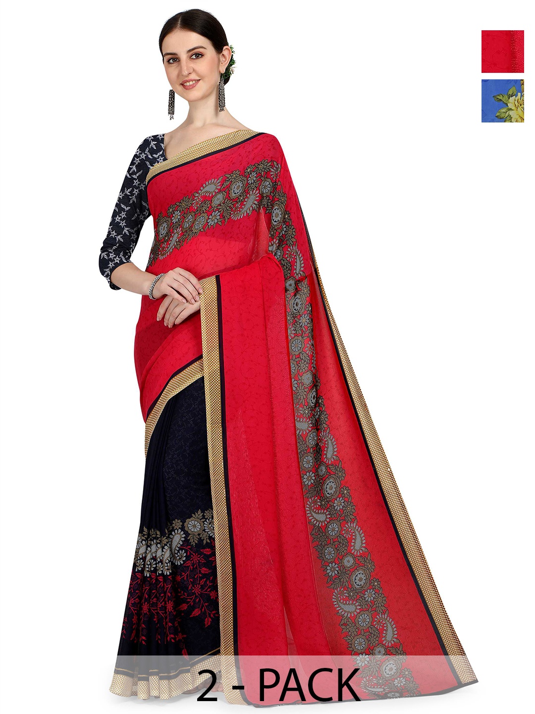 

ANAND SAREES Floral 2-Pack Saree, Blue
