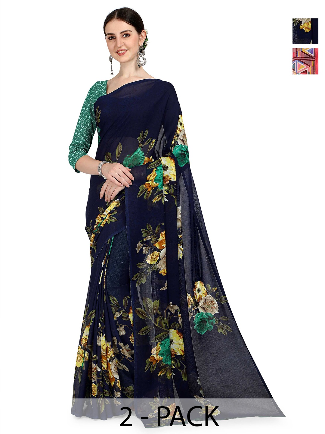 

ANAND SAREES Pack Of 2 Floral Saree, Navy blue