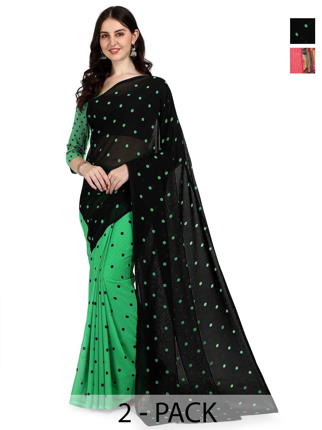 

ANAND SAREES Pack Of 2 Polka Dot Half And Half Saree, Black