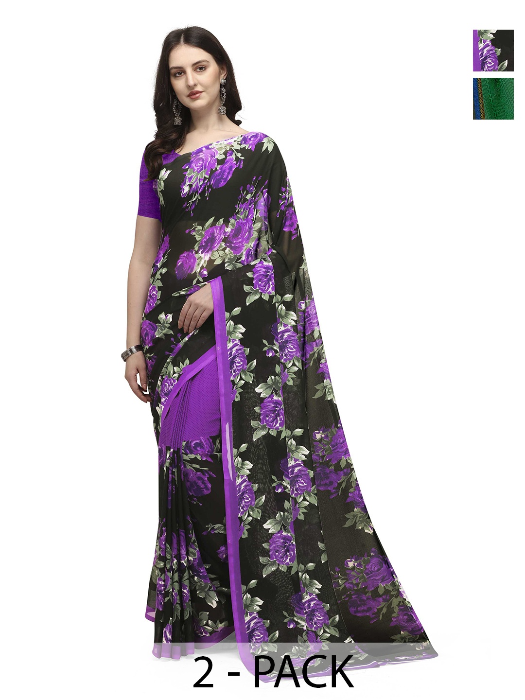 

ANAND SAREES Geometric Print 2-Pack Saree, Green