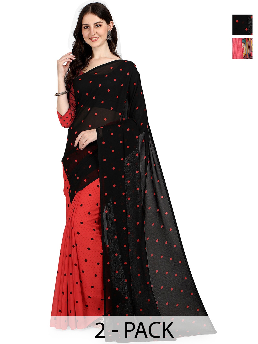 

ANAND SAREES Polka Dots Printed 2-Pack Saree, Red