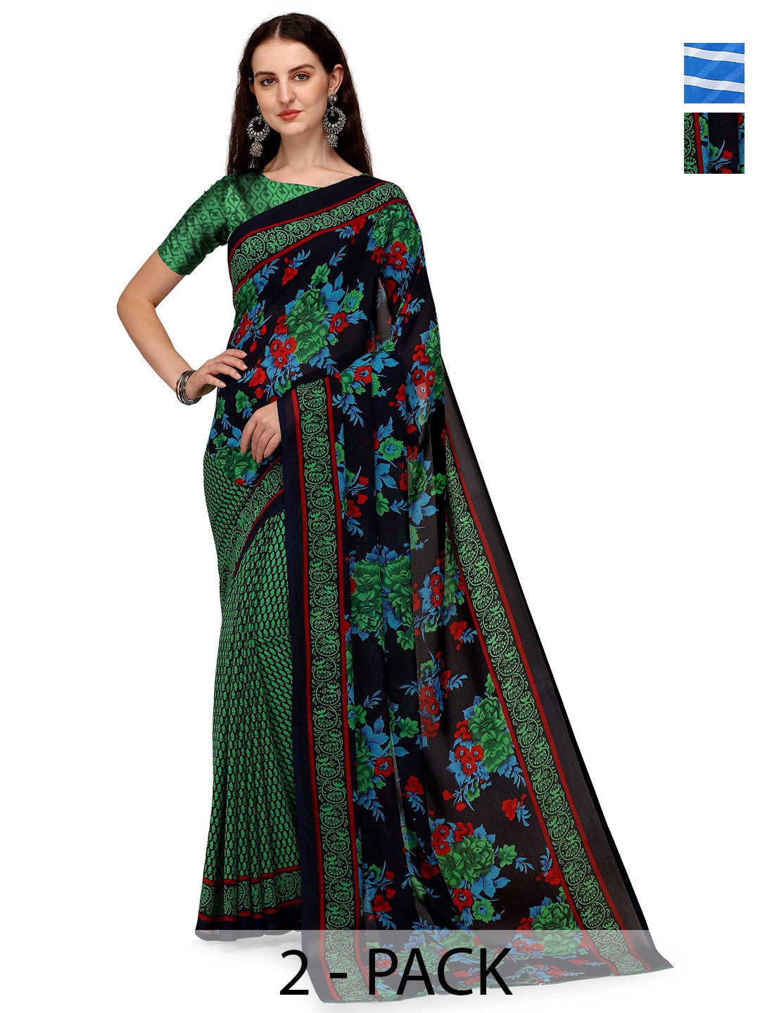 

ANAND SAREES Pack of 2 Floral Saree, Green