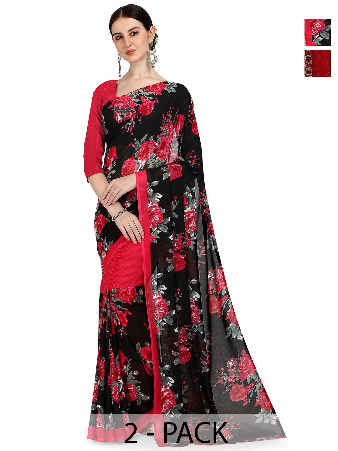 

ANAND SAREES Pack of 2 Floral Saree, Red